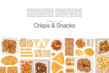 crisps and snacks on white background