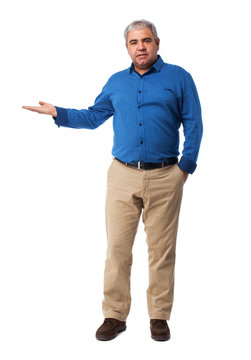 Full Body Mature Man Holding Gesture Over White