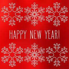 White snowflakes over square abstract smooth blur background with hand written New Year greetings.