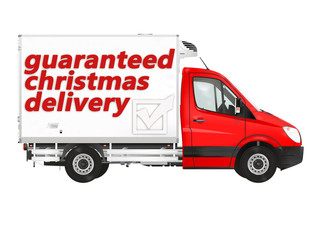 Christmas delivery. Van on the white background. Raster illustration.