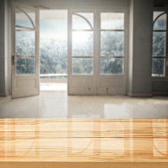 Fototapeta premium wooden desk space and window 