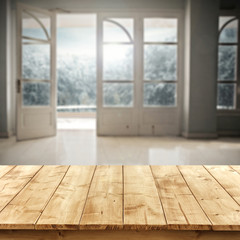 wooden desk space and window 