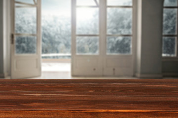 Fototapeta premium wooden desk space and window 