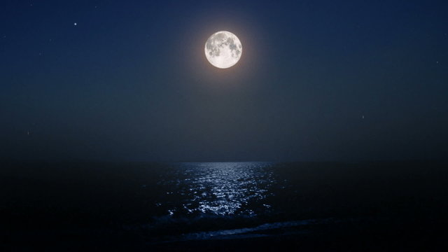 night moon and moonbeam in sea
