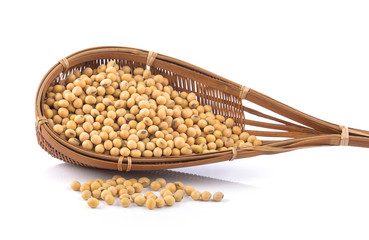 Soy beans in a basket on white background