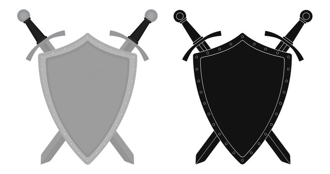 Two crossed swords steel shield emblem. Color. Silhouette