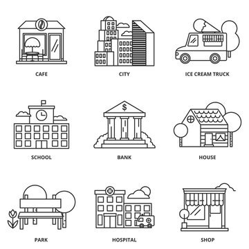 City and buildings vector icons set