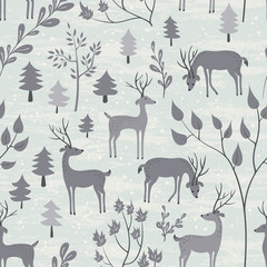 Seamless pattern with deer in winter forest