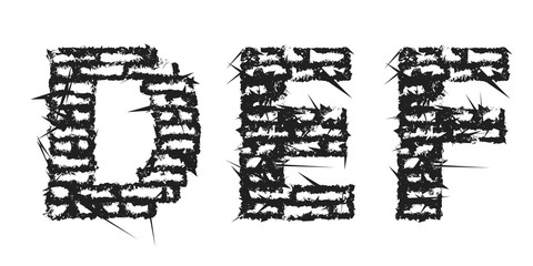 High detailed black empty decorative aggressive brick styled vintage font. Letters D, E, F. Vector illustration