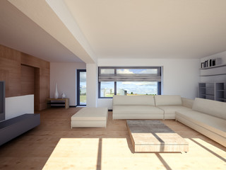 3D visualization of a living room on the second floor with a sloping window