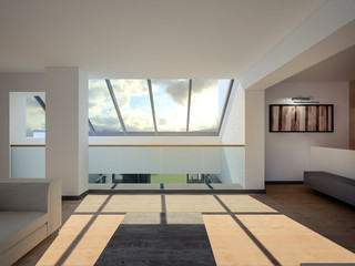 3D visualization of a living room on the second floor with a sloping window