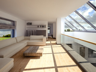 3D visualization of a living room on the second floor with a sloping window