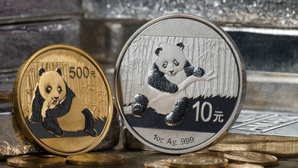 Chinese Gold Panda vs. Silver Panda with Silver bars