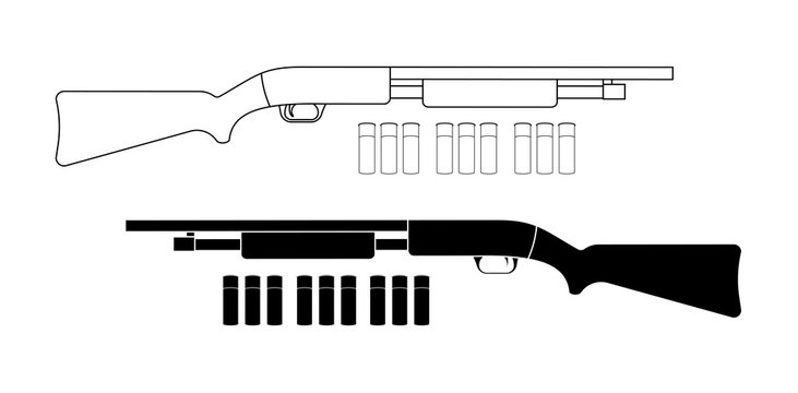 Shotgun With Bullets. Contour. Black