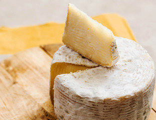 whole caciotta cheese with slice