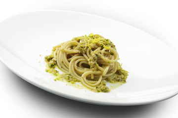 Spaghetti with anchovies and lemon pistachios