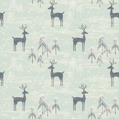 Seamless pattern with deer in winter forest - 93635571