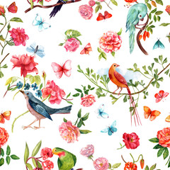 Plakaty  Bezszwowe tło wzór z retro akwarela ptaki, róże a