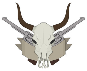 Fototapeta premium Wild west cow skull, pistols, ribbon logo. Color