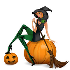 Beauty witch sitting on a pumpkin on Halloween