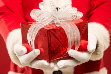 Portrait of happy Santa Claus with a huge sack