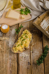 Scrambled eggs on homemade bread