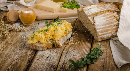 Scrambled eggs on homemade bread