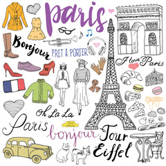 Paris doodles elements. Hand drawn set with eiffel tower bred cafe, taxi triumf arch, fashion elements, cat and french bulldog. Drawing doodle collection and lettering, isolated on white - obrazy, fototapety, plakaty