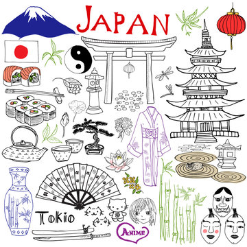 Japan doodles elements. Hand drawn set with Fujiyama mountain, Shinto gate, Japanese food sushi and tea set, fan, theater masks, katana, pagoda, kimono. Drawing doodle collection, isolated on white.