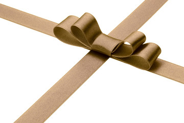 Festive brown  gift ribbon and bow isolated on white background