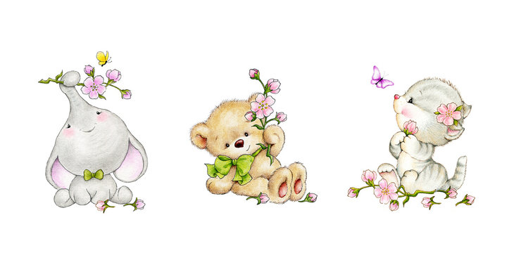 Set of animals- elephant, kitten, bear