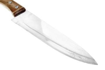 Knife, shiny stainless metal blade with glint isolated on white