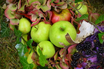 Erntedankfest - Kranz aus Äpfeln, Beeren, Blüten,Efeu und Baumrinde