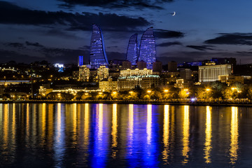 View of the waterfront and the city at night, in Baku, Azerbaija
