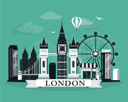 Cool graphic London city skyline poster with retro looking detailed design elements. London landscape with landmarks
