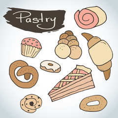 Hand drawn sweet pastry set. Bakery vector elements sketch. Excellent for creating your own menu design.