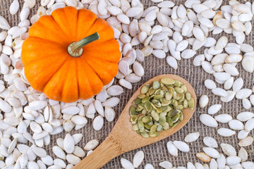 Closeup on small pumpkin and seeds
