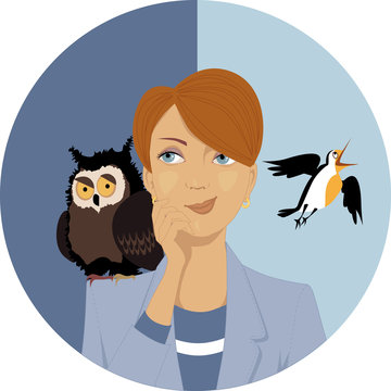 Night Owl Or Morning Lark? Portrait Of A Pensive Woman, An Owl And A Lark On Her Shoulders, EPS 8 Vector Illustration