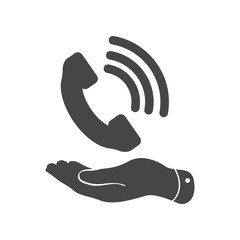 flat hand showing black phone receiver icon on a white backgroun