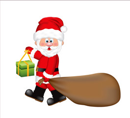 Santa Claus pulling a huge bag  full of gifts. Isolated on the white background.
