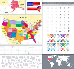 USA Detailed Political Map With It's States and Colorful Square