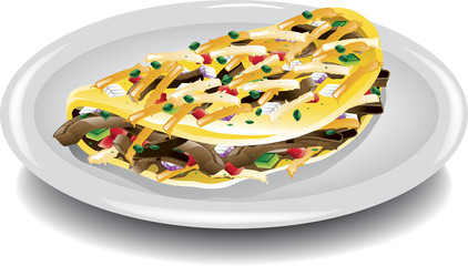 Illustration of a steak and cheese omelet on plate.