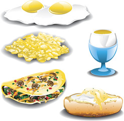 Illustration of five different egg dishes and omelets.