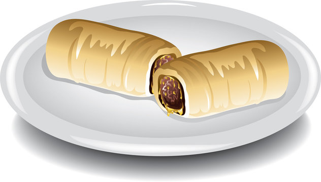Illustration of a sausage and cheese kolache on a plate.
