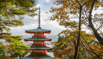 Red Pagoda with Japan Mount Fuji in the background