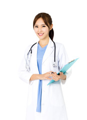 Fototapeta premium smiling young female doctor isolated on white