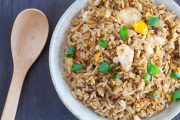 Healthy food fried rice chicken with egg and green onion