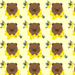 Seamless pattern with bears, bees and honey