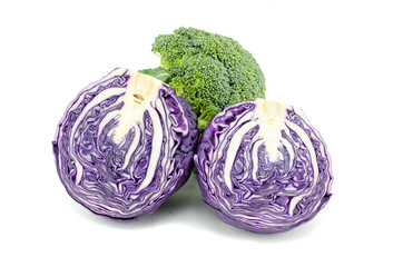 fresh raw purple cabbage and broccoli  isolated white background