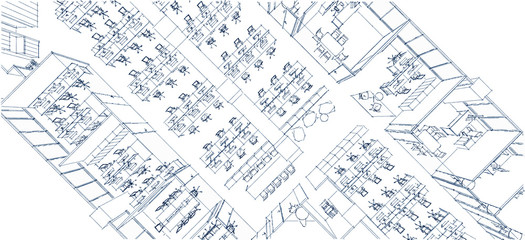 office interior isometric sketch line